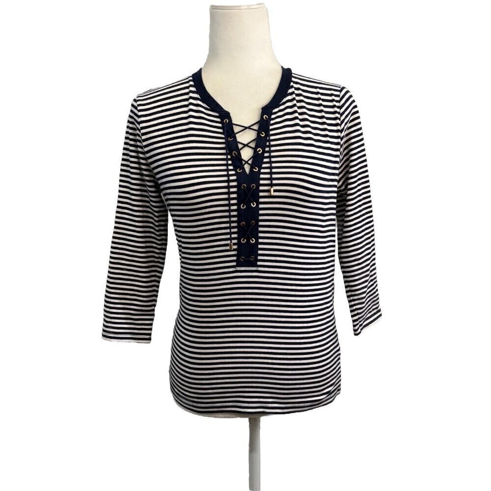 Lauren Ralph Lauren Laced Up Striped Blouse 3/4 Sleeve Women Size Medium